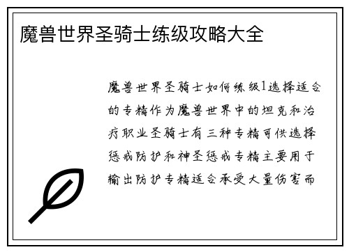 魔兽世界圣骑士练级攻略大全