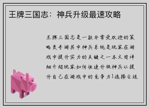 王牌三国志：神兵升级最速攻略