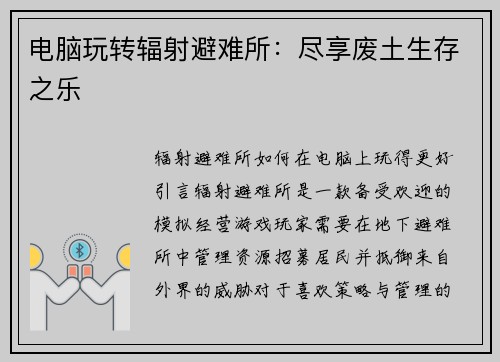 电脑玩转辐射避难所：尽享废土生存之乐