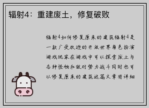 辐射4：重建废土，修复破败